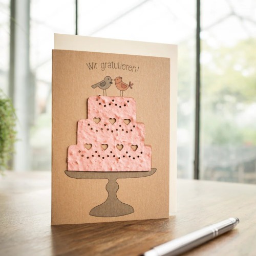 Grußkarte Hochzeitstorte mit Blumenstrauß